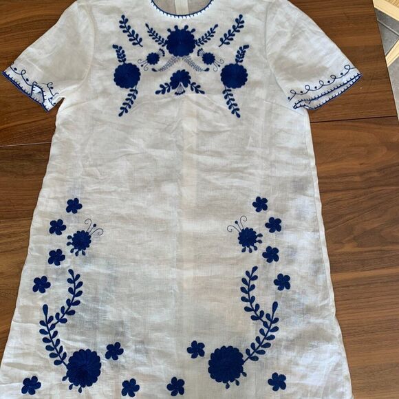 Zara, linen embroidered sun dress, sz M, white and indigo, mexican/boho/prairie - Picture 2 of 16
